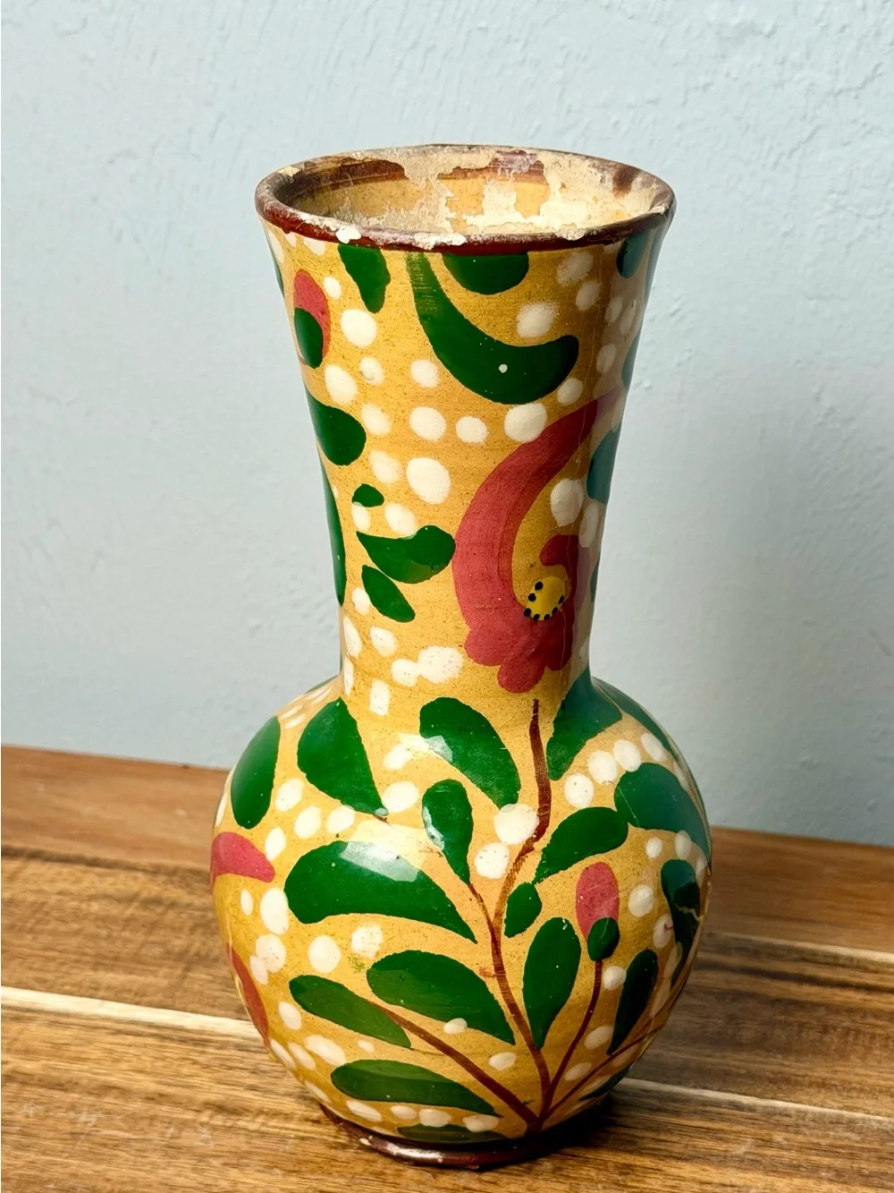 Vintage Italian Hand-Painted Yellow Floral Ceramic Vase with Pink Flowers